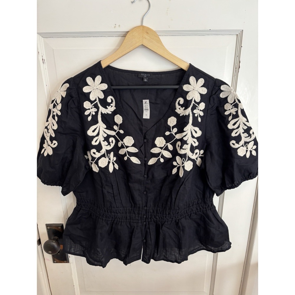 Talbots Black Blouse with Cream Floral Embroidery - Picture 2 of 11